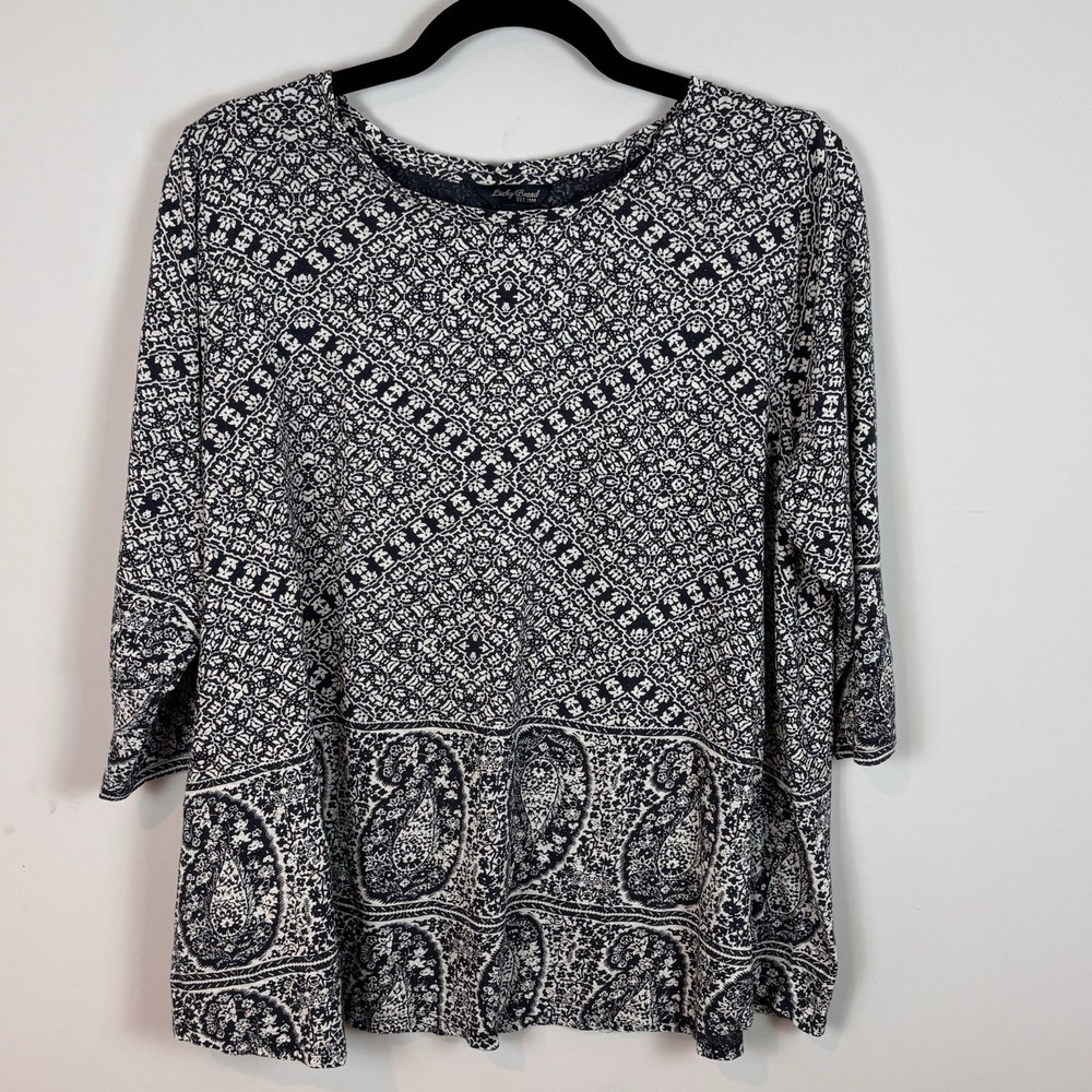 Lucky Brand Women's Blue Paisley 3/4‎ Sleeve Cotton Blend Boho Tee sz 1X Comfort